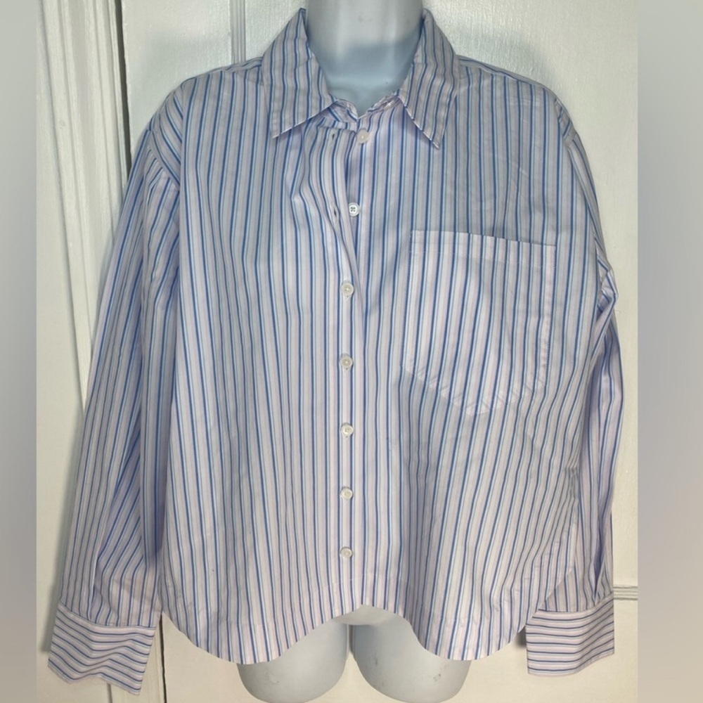 10 Crosby Derek Lam NWT  L Estrella Blue, White, & Pink Striped Button Up Shirt